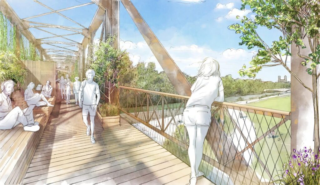 Skizze einer hölzernen Brücke mit Pflanzen, Sitzgelegenheiten und mehreren Menschen. Im Hintergrund Fluss und blauer Himmel.
